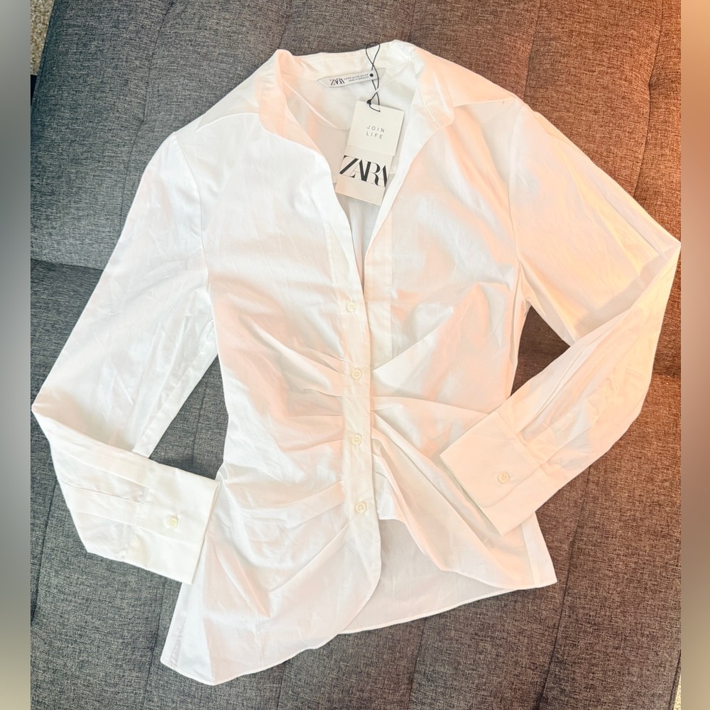 ZARA Asymmetrical Poplin White Button-Up Top